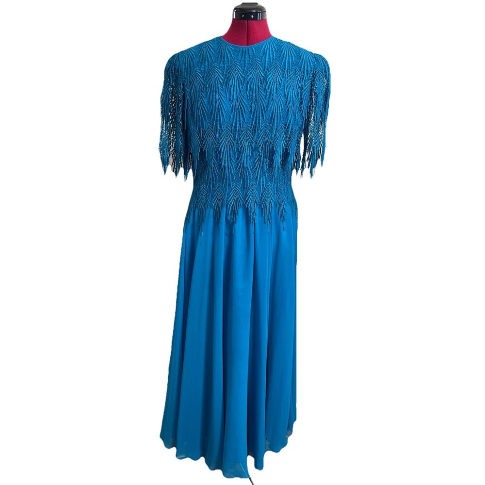 Vtg 80S Lillie Rubin Top Lace Teal Blue Evening Gown Dress USA Made Women Sz 8